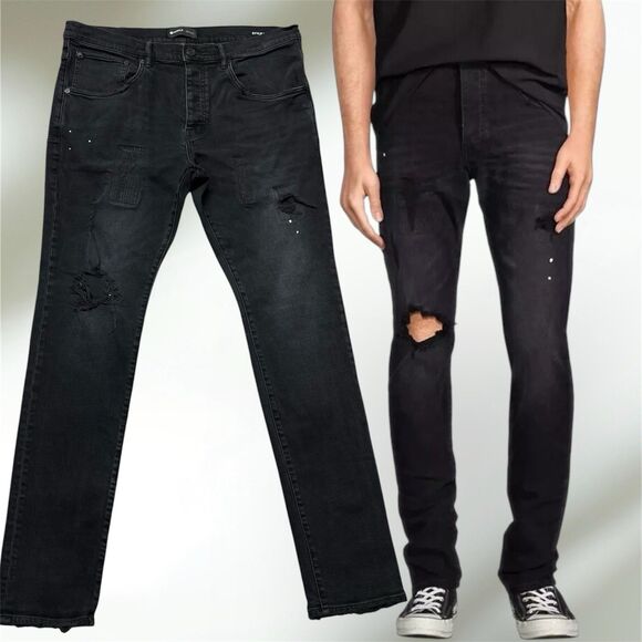 Purple-BrandP002 Buttonfly Men’s Distressed Slim Fit Jeans Size 36x 33